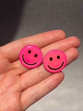 Neon Pink Smiley Face Button Earrings